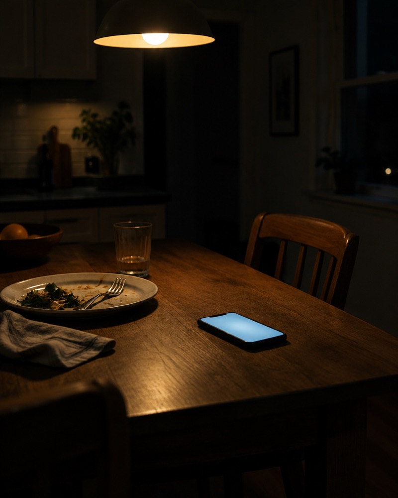 A kitchen table at night with a phone glowing